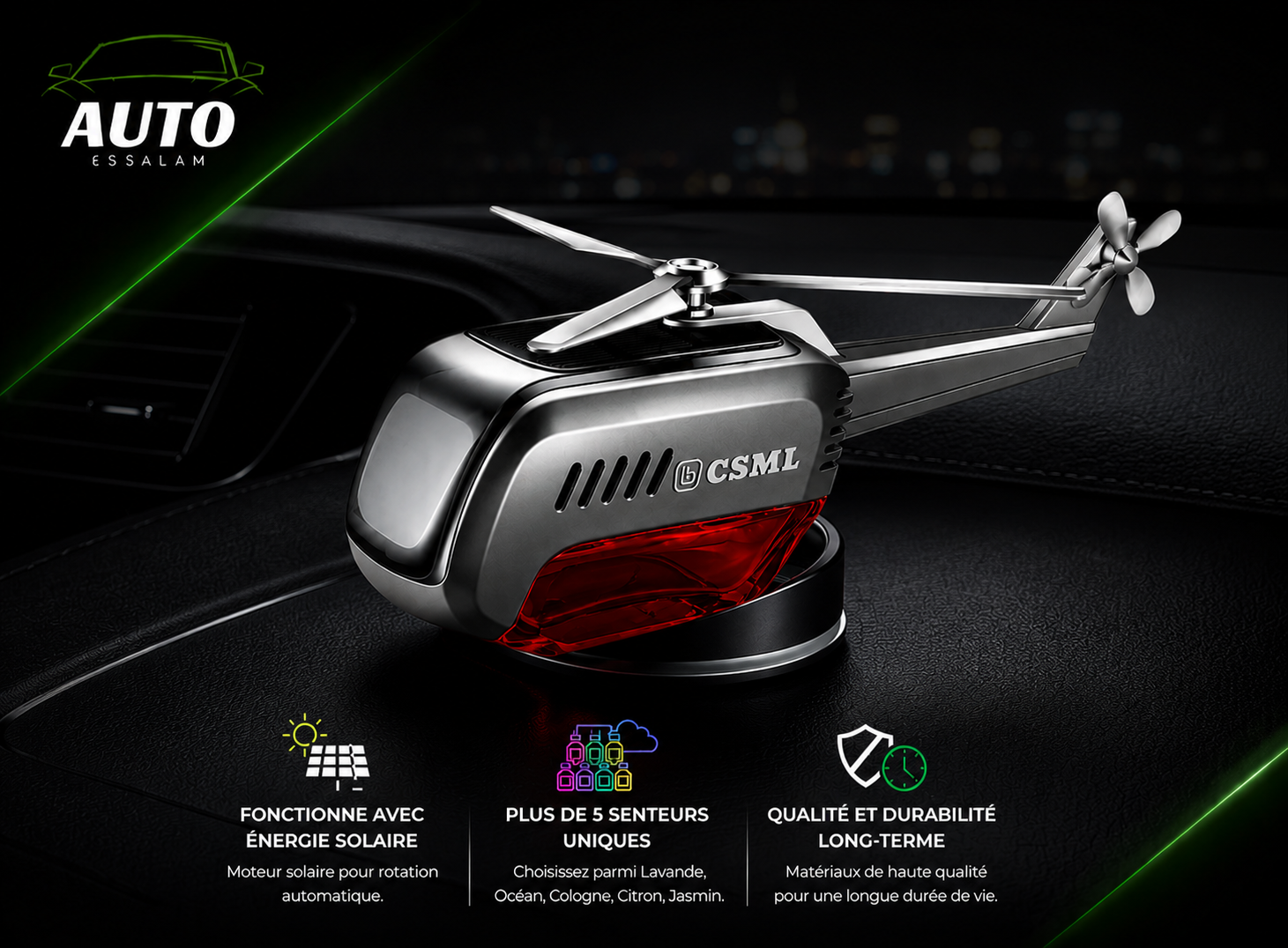 AirCopter™ – Diffuseur de Parfum Voiture Solaire à Rotation Automatique
