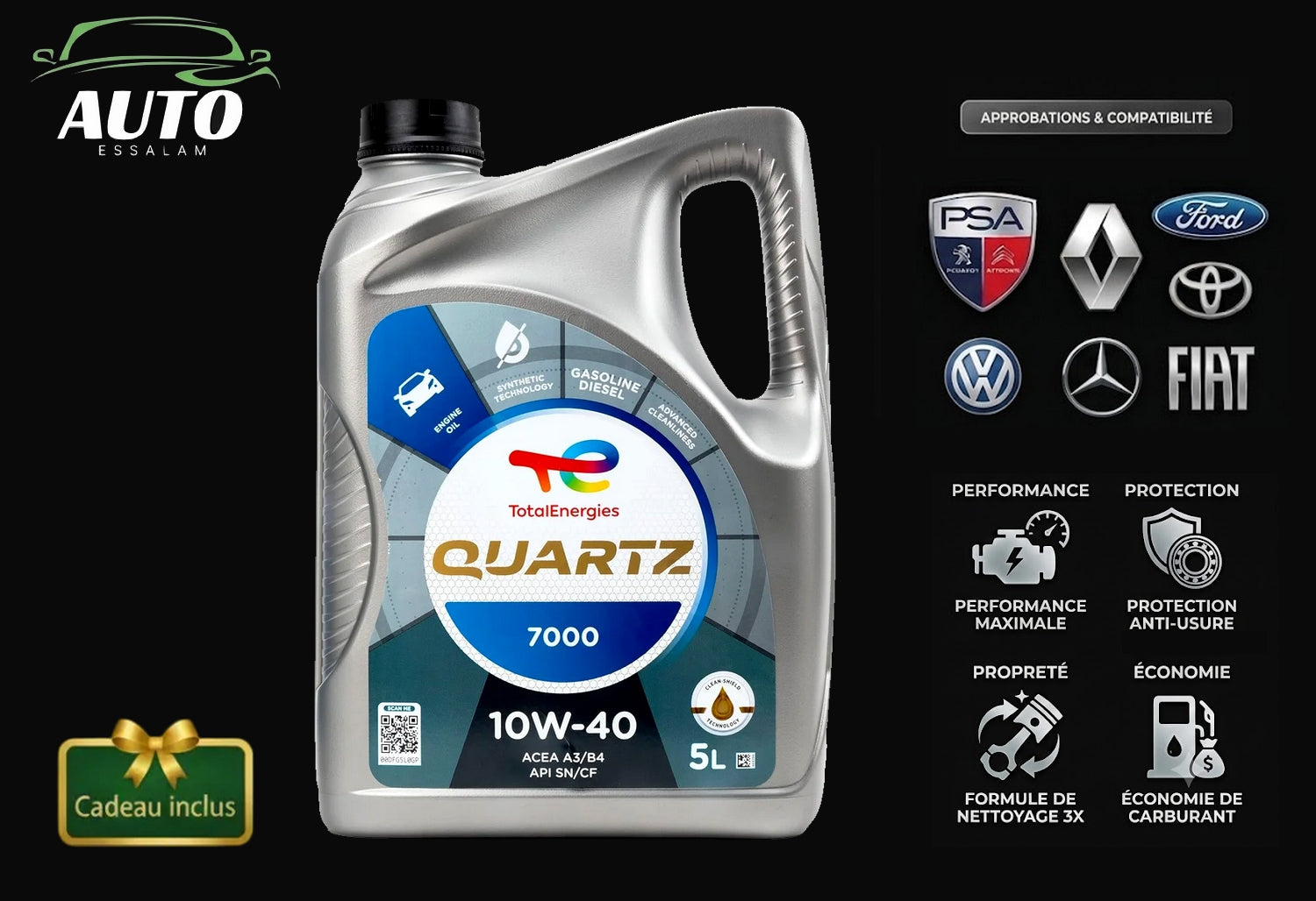 Total Quartz 7000 10W-40- 5L  -  Huile Moteur Haute Performance + Accessoire Offert
