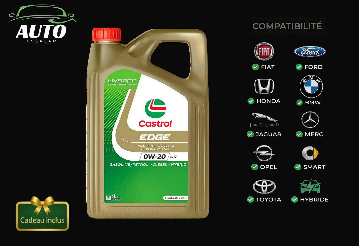 Castrol EDGE 0W-20 5L – Huile Moteur Haute Performance + Accessoire Offert