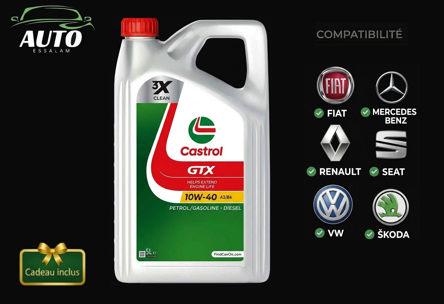Castrol GTX 10W-40 A3/B4 - 5L  -  Huile Moteur Haute Performance + Accessoire Offert