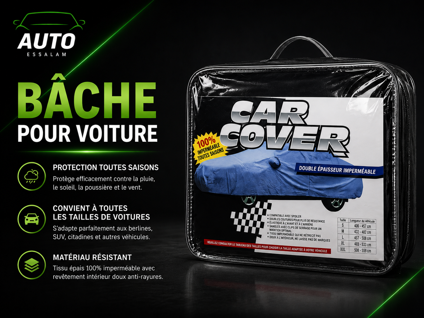 Bâche de Protection Voiture Premium – 100% Waterproof & universelle